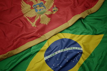 waving colorful flag of brazil and national flag of montenegro.