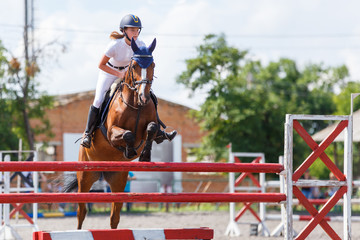 Horse rider woman on show jumping competition