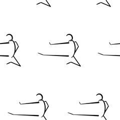 Seamless pattern of a man doing karate kick. Line art doodle sketch. Black outline on white background. Vector illustration.