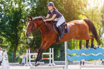 Horse rider woman on show jumping competition