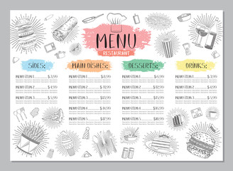 Restaurant menu template - A4 card (burgers, wraps, french fries, pizza; drinks, desserts, coffee, wine) - obrazy, fototapety, plakaty