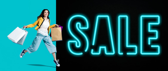 Promotional sale banner with cheerful girl