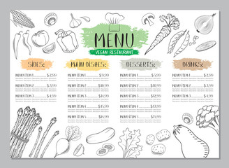 Vegan restaurant menu template - A4 card (vegetables drawings) - obrazy, fototapety, plakaty