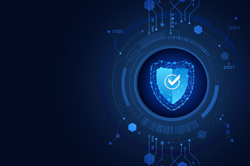 Data security system, information or network protection. Cyber security and data protection. Shield icon, future technology for verification. Abstract circuit board.
