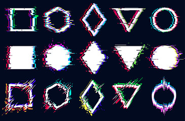 Vector abstract geometric shapes with glitch effect, digital defect, frame distortion, square, hexagon, rhombus, triangle, circle with vhs noise