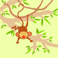 Cheerful monkey hanging on a tree branch. Children's design. Hand-drawn  illustration. Isolated drawing.