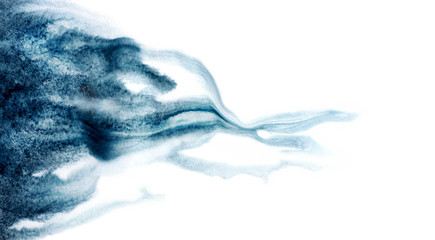 Watercolor or ink indigo color blot or spot texture. Wet stains fluid with dripping drops. Abstract hand painting fluidity smudge background isolated on white.