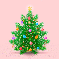 Dressed Christmas tree with colored Christmas balls, confetti and serpentine on a pink background.