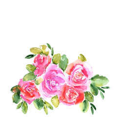 Pink roses bouquet. Drawing watercolor flowers. Floral greeting card decor. Wedding invitation floral design. 