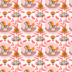 Rocking horses and toy cars on the pink background. Seamless pattern for children fabric design or nursery wallpaper. Vector illustration in hand-drawn style.
