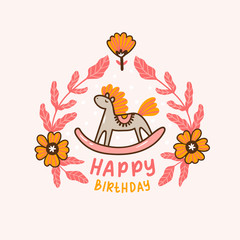 Rocking horse in the wreath. Happy birthday card design. Children's illustration in hand-drawn style.
