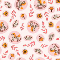 Rocking horses and toy cars on the pink background. Seamless pattern for children fabric design or nursery wallpaper. Vector illustration in hand-drawn style.