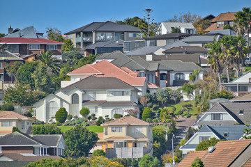 View of houses on Highland Park hill with colorful roofs