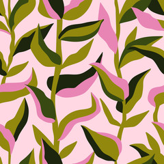 Cute retro set of leaf seamless patterns.  Simple design in pink and green colorways.  Vector repeating design for  fabric, wallpaper or wrap papers. 