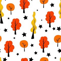 Obraz premium Seamless pattern in scandinavian style. Autumn trees, forest on a white background. Bright autumn colors orange yellow and red. Stars on a white background.