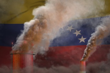 Global warming concept - dense smoke from factory pipes on Venezuela flag background with space for your text - industrial 3D illustration