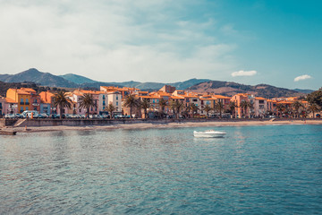 Panorama of Collioure harbour, Languedoc-Roussillon, France, South Europe. Ancient town with old...