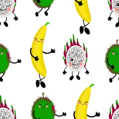 SEAMLESS pattern exotic fruits banana durian fruits cherry red Funny cute faces character. Kitchen textile or wrapping paper.