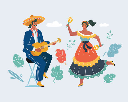 Mexican woman and man play guitar and danceing.