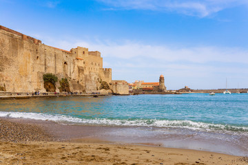 Fototapeta na wymiar Panorama of Collioure harbour, Languedoc-Roussillon, France, South Europe. Ancient town with old castle on Vermillion coast of French riviera. Famous tourist destination on Mediterranean sea