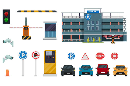 Icon isolated flat conceptual parking set with different aspects of parking process vector illustration