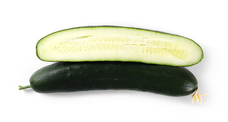 Cucumber sliced in half isolated on white background, top view