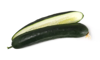 Cucumber sliced in half isolated on white background, top view