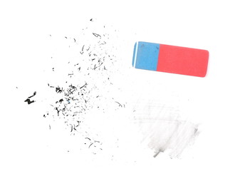 Pencil tip shavings with eraser isolated on white background, top view