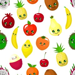 SEAMLESS fruit pattern apple, pear, persimmon, pitaya and durian. Orange and banana. Funny cute faces character..