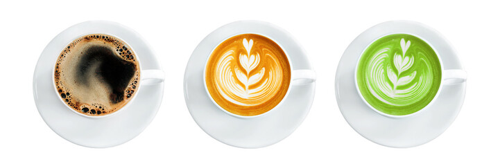 Hot Cup of Black Coffee,Latte Art Coffee ,Green Tea Isolate On White Background With Clipping Path