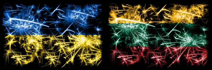 Ukraine, Lithuania sparkling fireworks concept and idea flags
