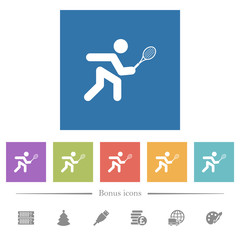 Tennis player flat white icons in square backgrounds