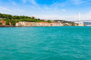 Fototapeta na wymiar Panoramic view of Istanbul. Panorama cityscape of famous tourist destination Bosphorus strait channel. Travel landscape Bosporus, Turkey, Europe and Asia.