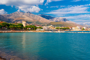 Panoramic sea landscape with Formia, Lazio, Italy. Scenic resort town village with nice sand beach...