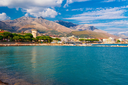 Panoramic sea landscape with Formia, Lazio, Italy. Scenic resort town village with nice sand beach and clear blue water. Famous tourist destination in Riviera de Ulisse
