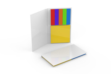 Colored sticky note set and organizer, index Flags and square note book for mock up and branding, 3d illustration