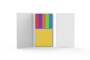Colored sticky note set and organizer, index Flags and square note book for mock up and branding, 3d illustration