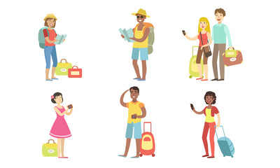 Travel People Characters Set, Happy Tourists with Luggage, Men and Women Traveling on Vacation Vector Illustration