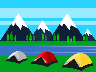 Camp site with three tents and mountains in the background. Camping, hiking, nature tourism, adventure trip, escape to nature, outdoor activity, concept. Vector illustration, flat style, clip art.