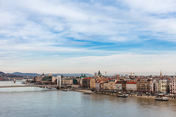 Panorama cityscape of famous tourist destination Budapest with Danube and bridges. Travel landscape in Hungary, Europe.
