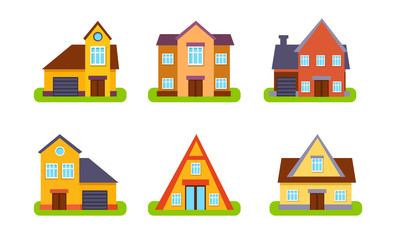 Suburban Residential Houses and Cottages Set,Traditional Real Estate Buildings, Front View Vector Illustration