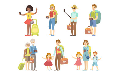 Travell People Characters Set, Happy Tourists with Luggage, Men, Women and Families with Kids Traveling on Vacation Vector Illustration