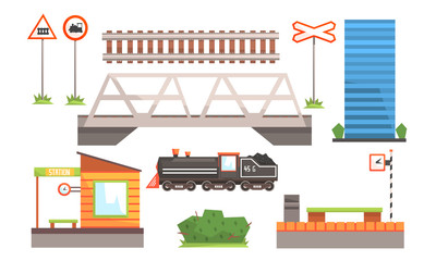 Rail Transport Set, Railway Station, Road Signs, Locomotive, Bridge Vector Illustration
