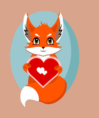 Fox with heart in love isolated, vector illustration