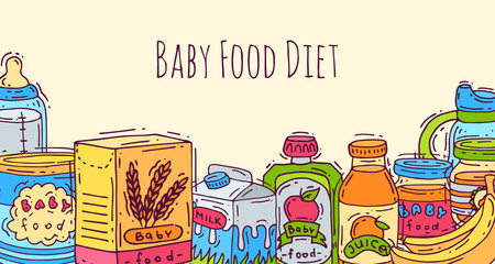 Baby healthy food banner vector illustration. First meal for babies. Baby bottles, puree jars, sippy cups and boxes with porridge. Kids health nutritions menu.