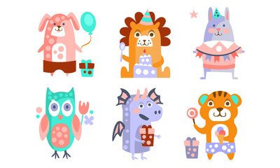 Cute Cartoon Animal Characters Set, Childish Birthday Party Design, Dog, Lion, Bunny, Owl, Dragon, Tiger Vector Illustration