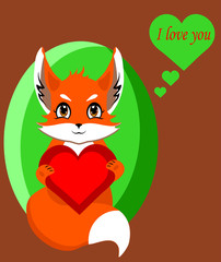 Fox with heart in love isolated, vector illustration