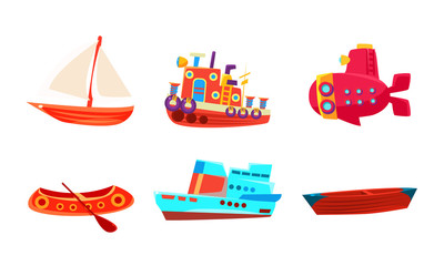 Naklejka premium Water Transport Set, Colorful Toy Boat, Yacht, Ship, Submarine, Steamboat Vector Illustration