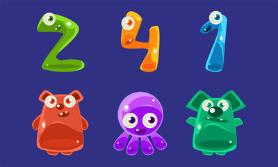 Collection of Jelly Creatures and Numbers, Glossy Colorful Cute Animals Vector Illustration