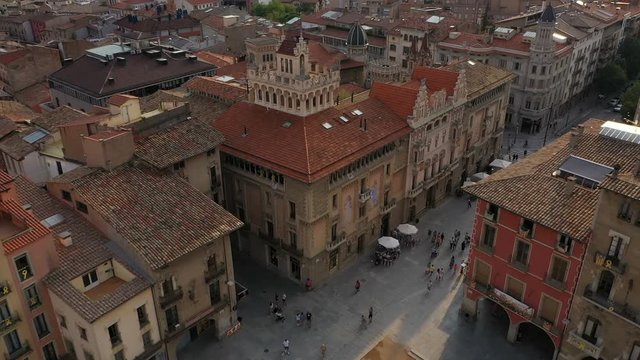 Vic Osona, in the Barcelona Province, Catalonia, Spain. Aerial video footage Placa Major. city streets